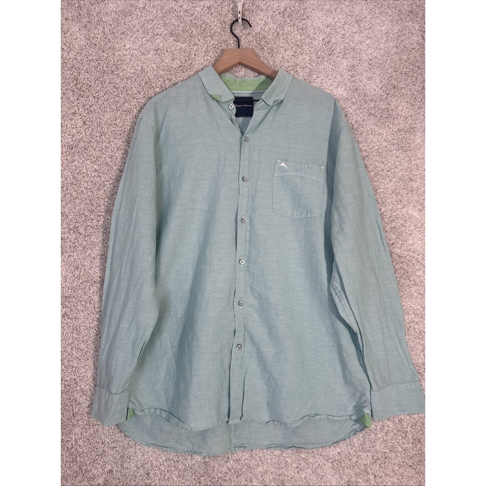 Tommy Bahama Mens XL Teal Linen Blend Button Up Light Weight Long Sleeve